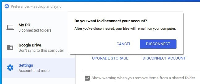 Disconnecting Google Account in Backup and Sync on Windows