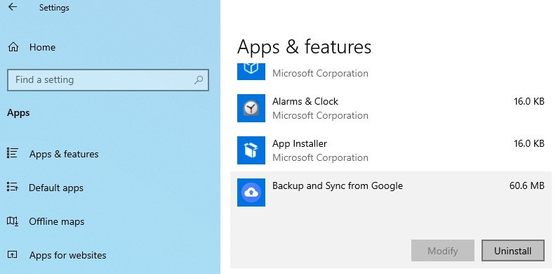 Locate Backup and Sync in Apps &amp; Features to uninstall