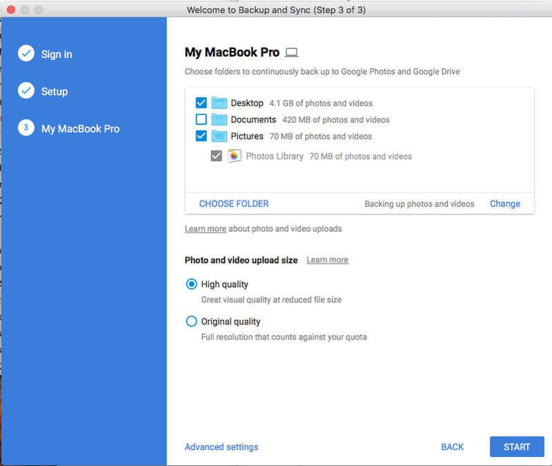 Choose Folders and Quality Settings for Google Photos Backup