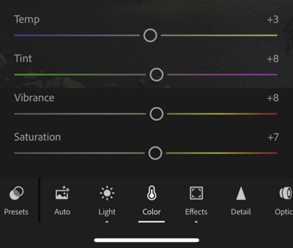 Lightroom Mobile Color Panel adjustments for Temperature, Tint, Vibrance, and Saturation to enhance warmth and color