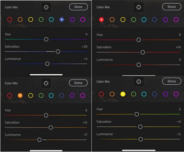 Lightroom Mobile Mix Panel adjustments for individual color channels: Hue, Saturation, and Luminance for targeted color enhancement