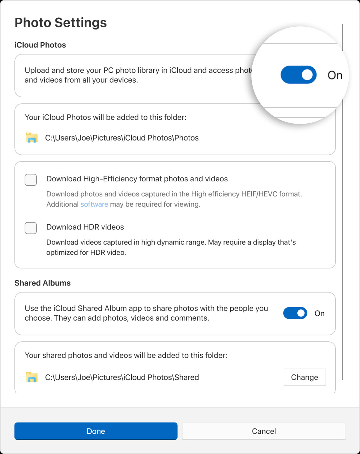 Enabling iCloud Photos in iCloud for Windows.