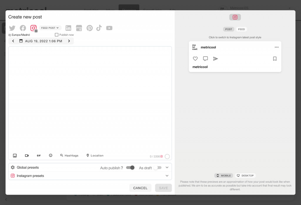 Metricool interface showing the post planning and Instagram upload options