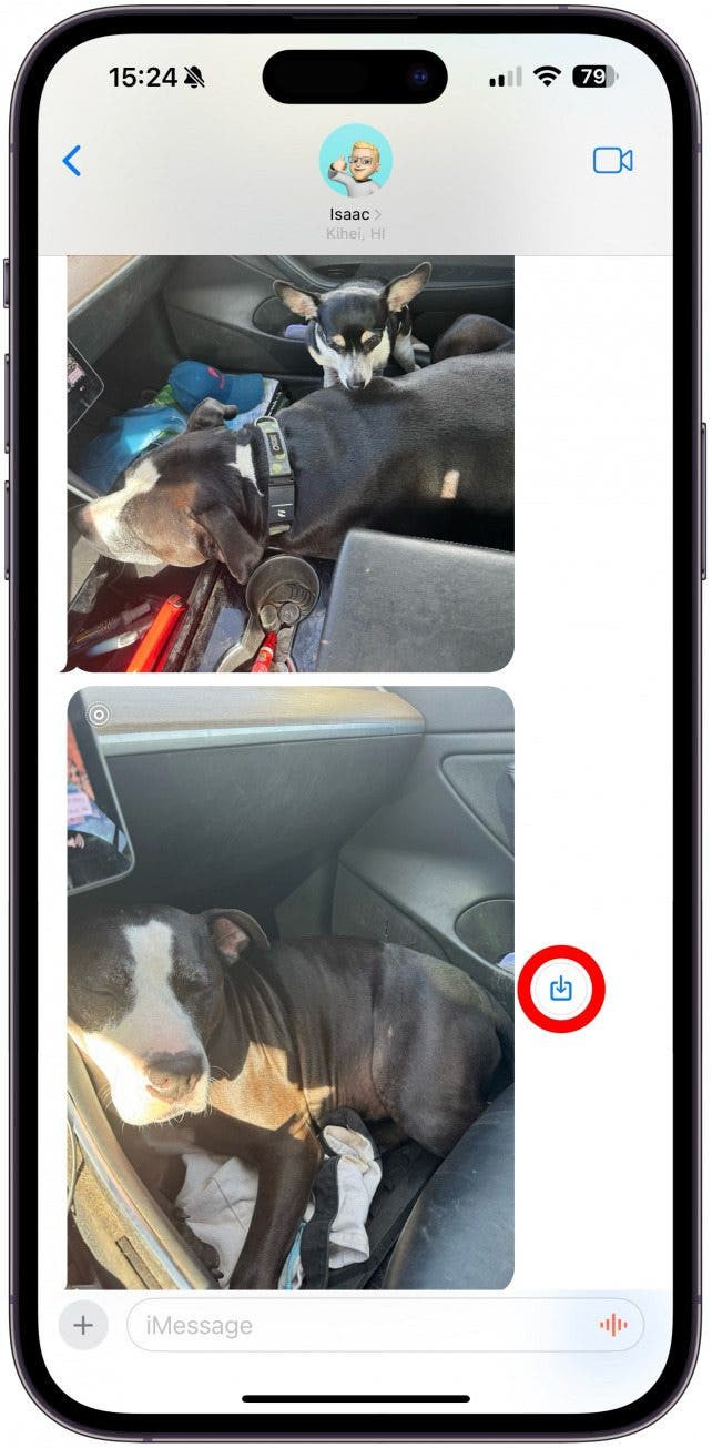 A person holding an iPhone with the iMessage app open.