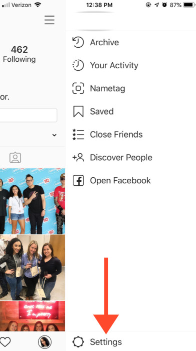 Accessing settings from the Instagram profile menu