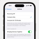 An iPhone showing AirDrop settings with Contacts Only selected.