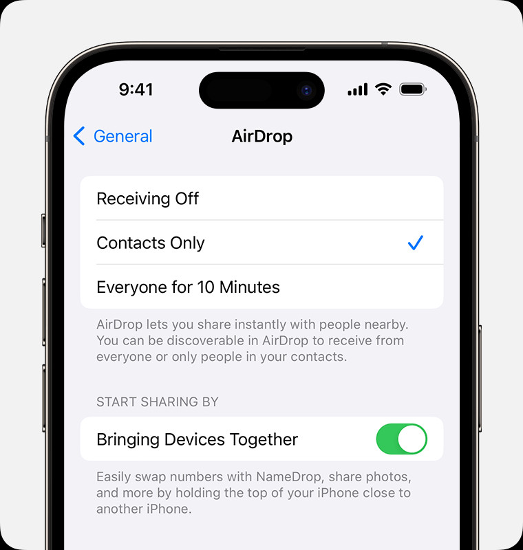 An iPhone displaying AirDrop settings with &quot;Contacts Only&quot; selected as the preferred receiving option.