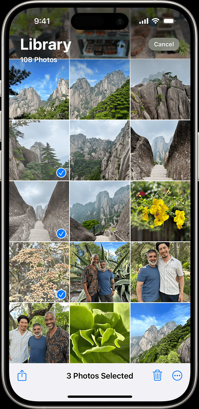 iPhone showing multiple photos selected in the Photos app