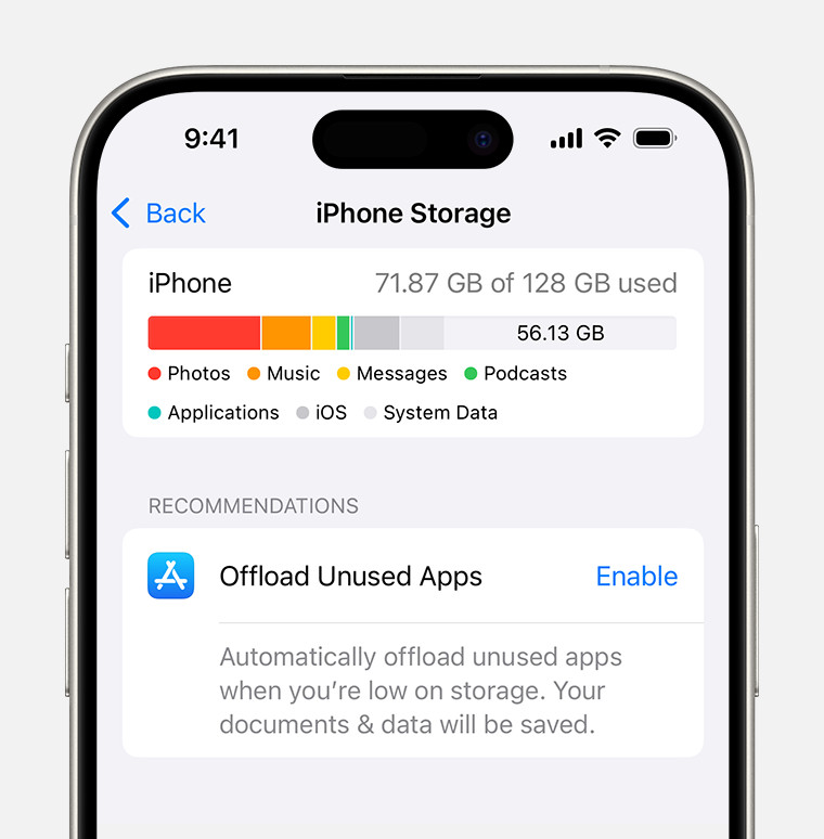 iPhone storage section of Settings displaying a recommendation to Offload Unused Apps