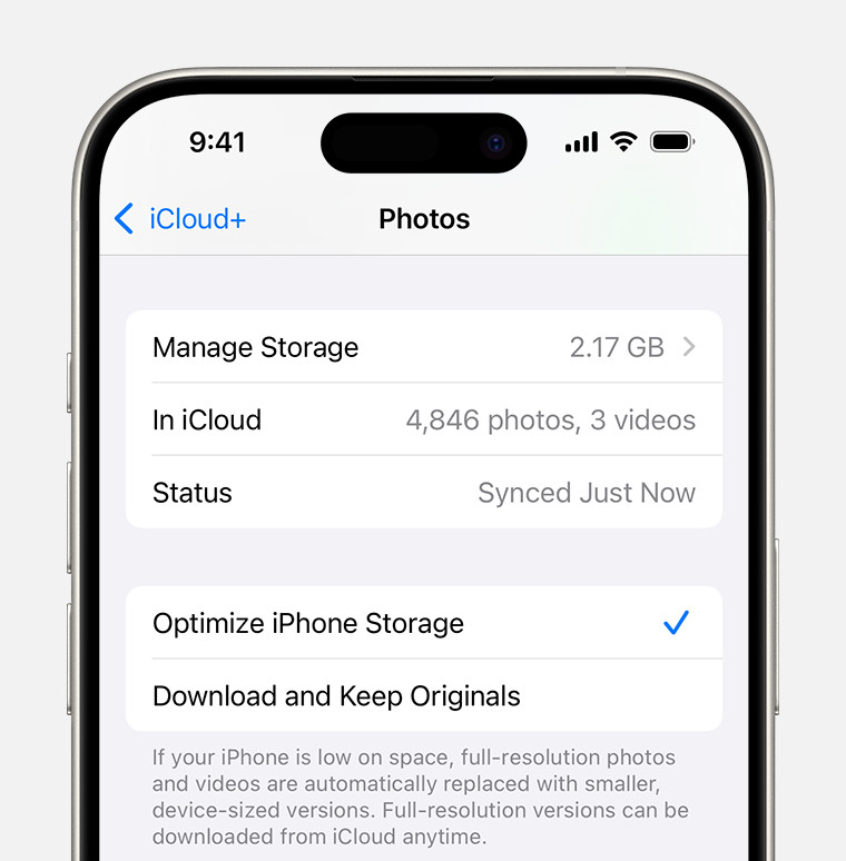 iCloud Photos settings on iOS with 'Optimize iPhone Storage' selected to save device space by storing full-resolution photos in iCloud.