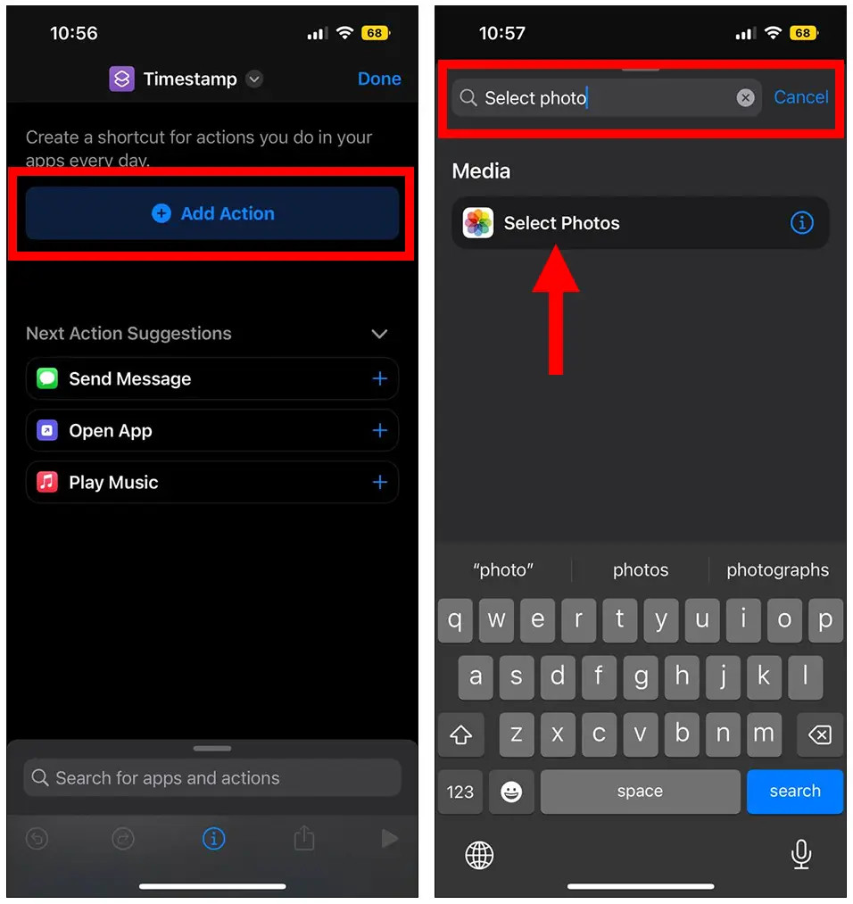 Adding the &quot;Select Photos&quot; action in the Shortcuts app to choose photos for timestamping