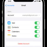 An iPhone showing the settings for a connected Gmail account at Settings > Apps > Mail > Accounts > Gmail.