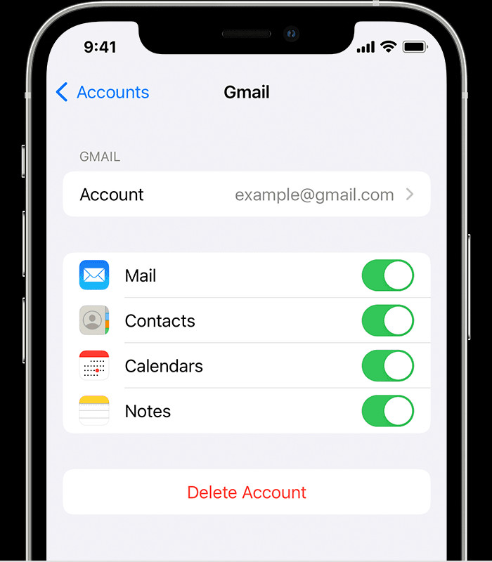 An iPhone showing the settings for a connected Gmail account at Settings > Apps > Mail > Accounts > Gmail.