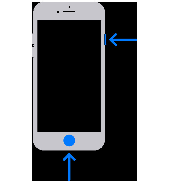 Arrows indicate pressing the side button and the home button simultaneously to capture a screenshot on iPhones with Touch ID and a side button.