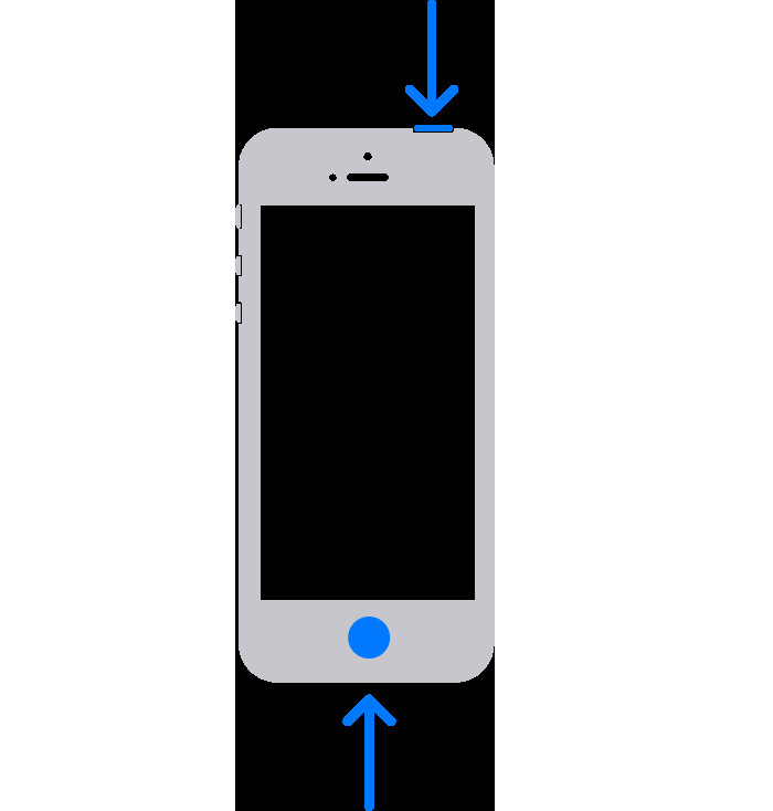 Image showing arrows pointing to the top button and home button for taking a screenshot on older iPhones with Touch ID and a top button.