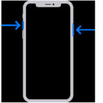 Arrows pointing to the side and volume up buttons on an iPhone with Face ID, used to take a screenshot.