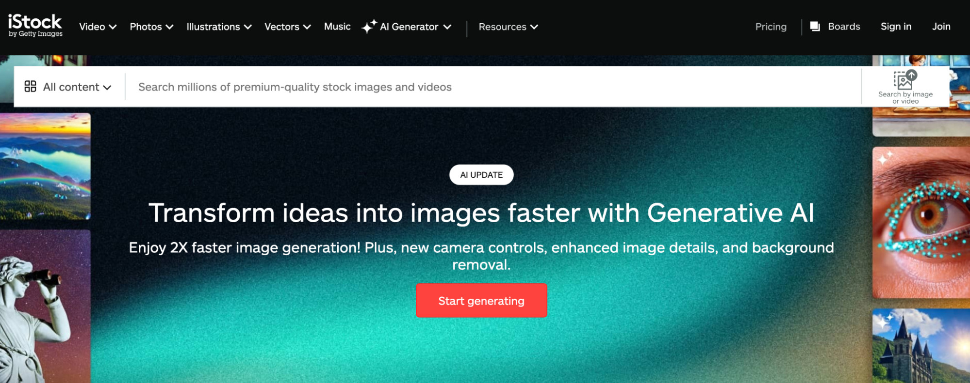 iStock landing page showcasing its generative AI image creator, alongside stock photos.