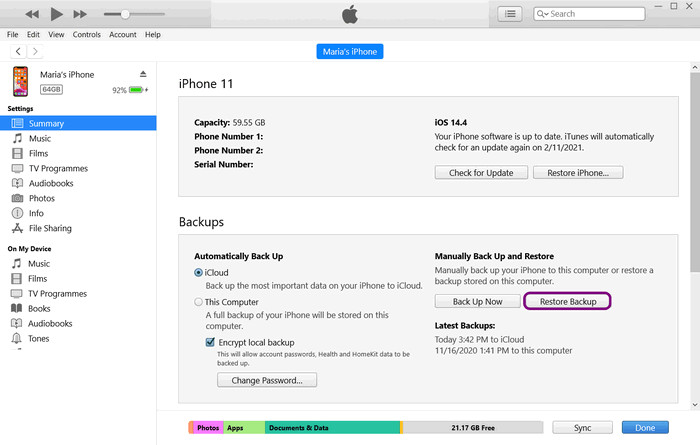 Restore Backup Button in iTunes