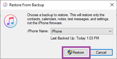 Select Backup to Restore in iTunes
