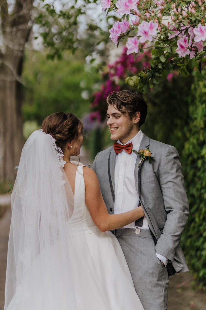Bride and groom looking at each other lovingly in Wilmington NC wedding photo