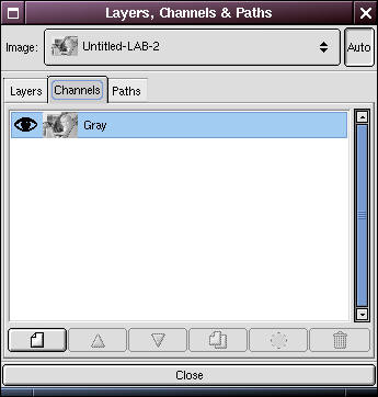 Layers dialog box with the Channels tab selected in GIMP