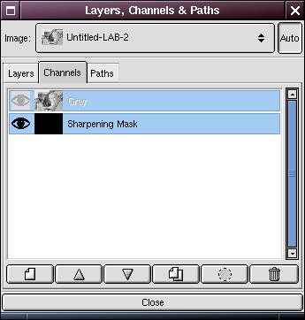 Layers dialog box showing the newly created &quot;Sharpening Mask&quot; channel in GIMP