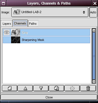 Layers dialog box with the Channels tab showing the Sharpening Mask channel in GIMP