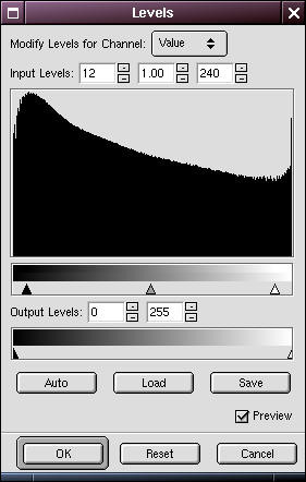 GIMP Levels dialog box being used to adjust the edge mask