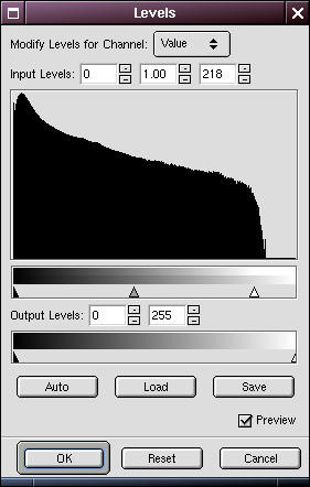 GIMP Levels dialog box being used for a second adjustment of the edge mask