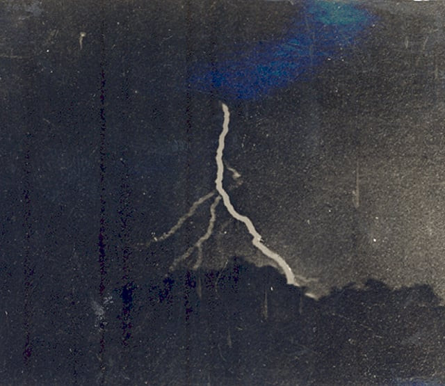 Earliest known photograph of lightning, captured in 1882, revealing branched structure