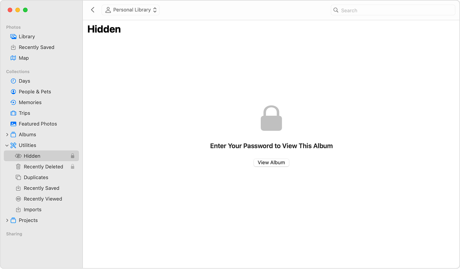 Hidden album highlighted in MacOS Photos app.