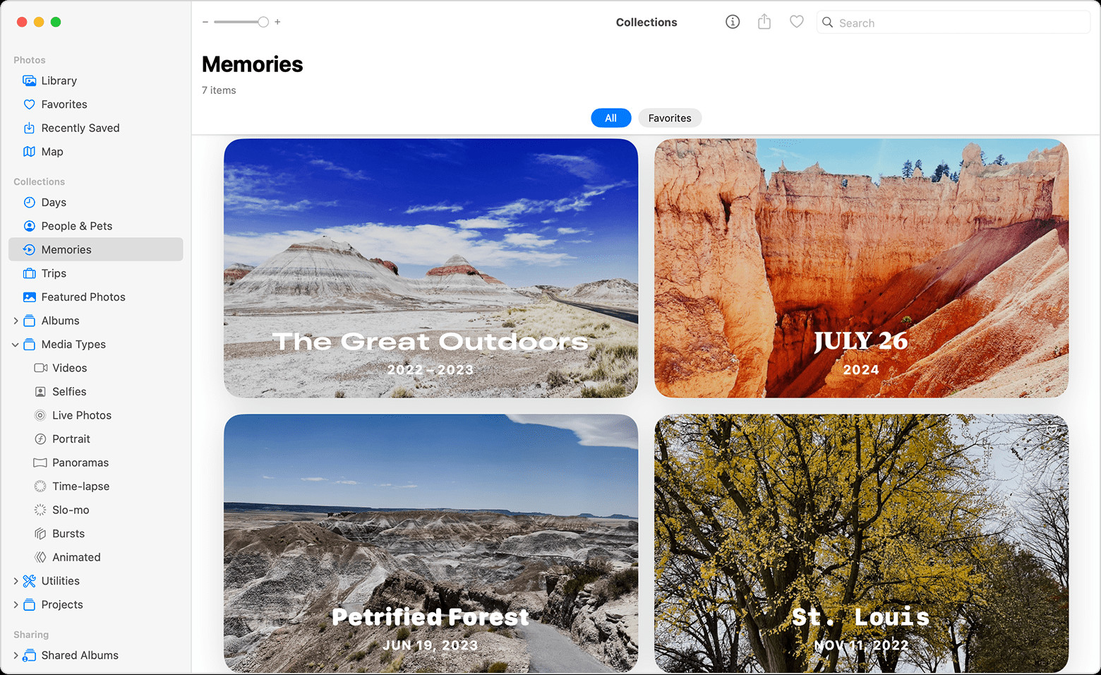 Memories tab in Mac Photos showcasing curated photo collections