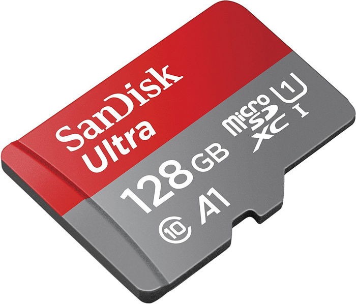 A SanDisk Micro Secure Digital SD 128gb memory card.