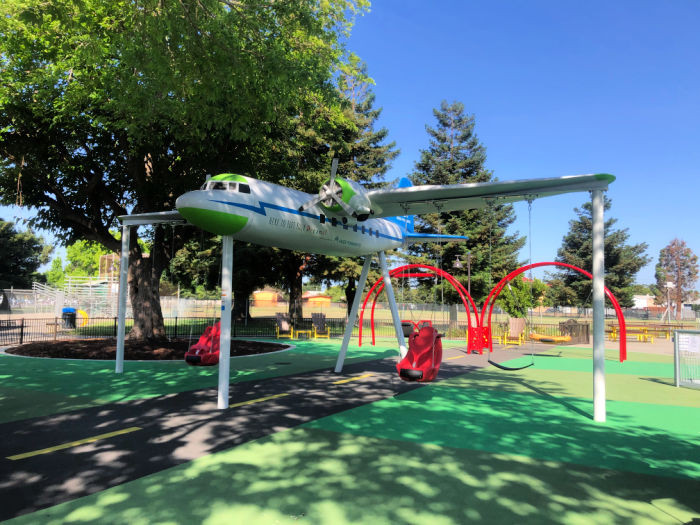 Accessible airplane swing set at Hayward's Mia's Dream Playground