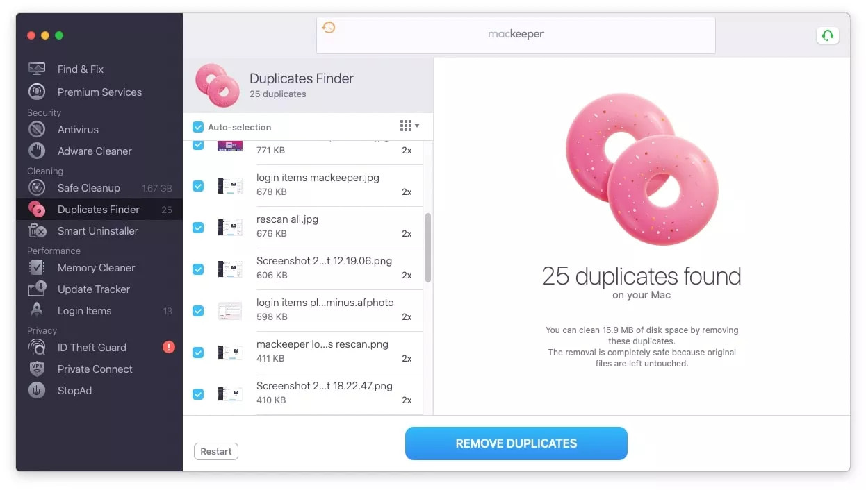 Review and select duplicate photos in MacKeeper Duplicates Finder, then click Remove Duplicates to delete them.