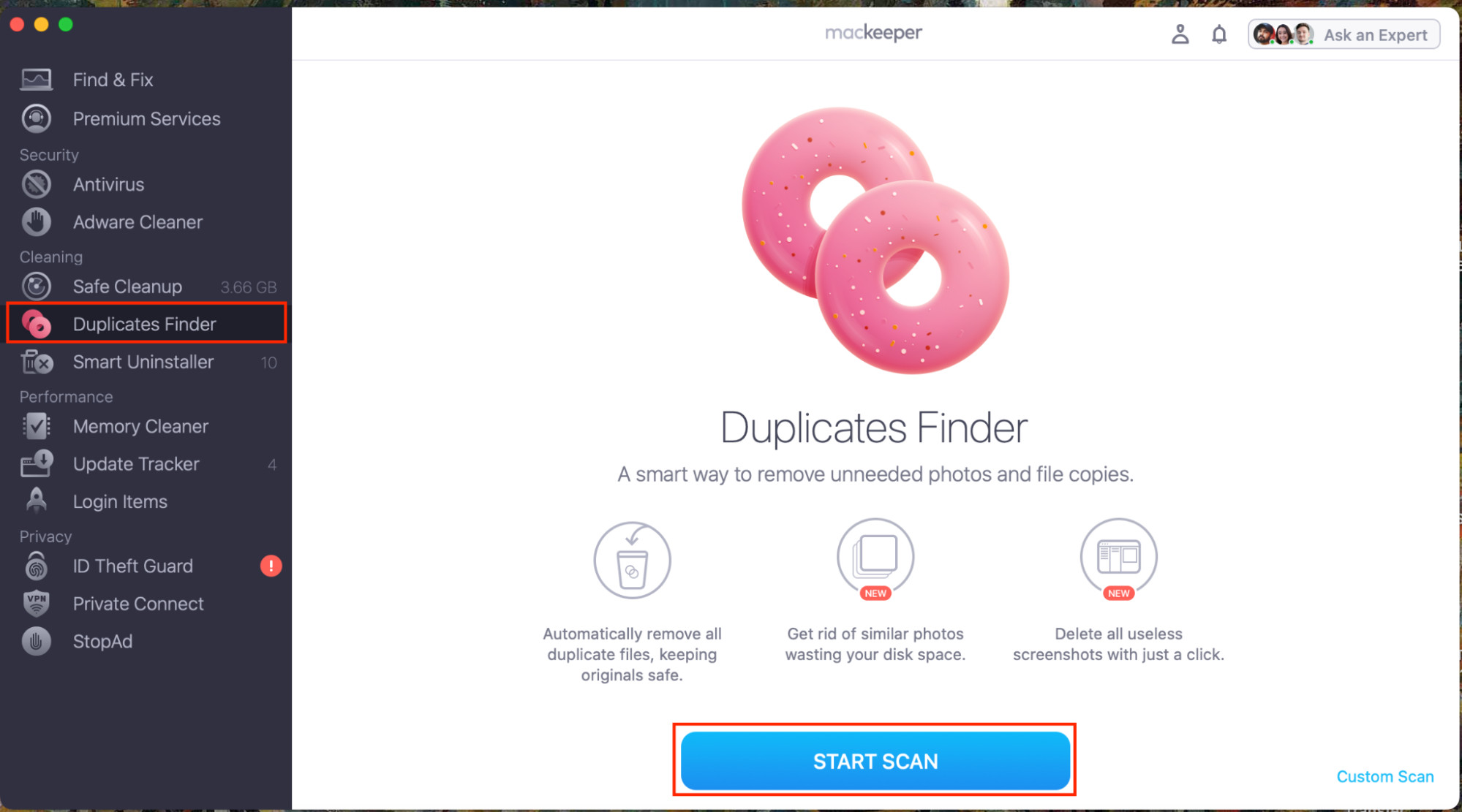 Open MacKeeper and select Duplicates Finder to start scanning for duplicate photos on a Mac.