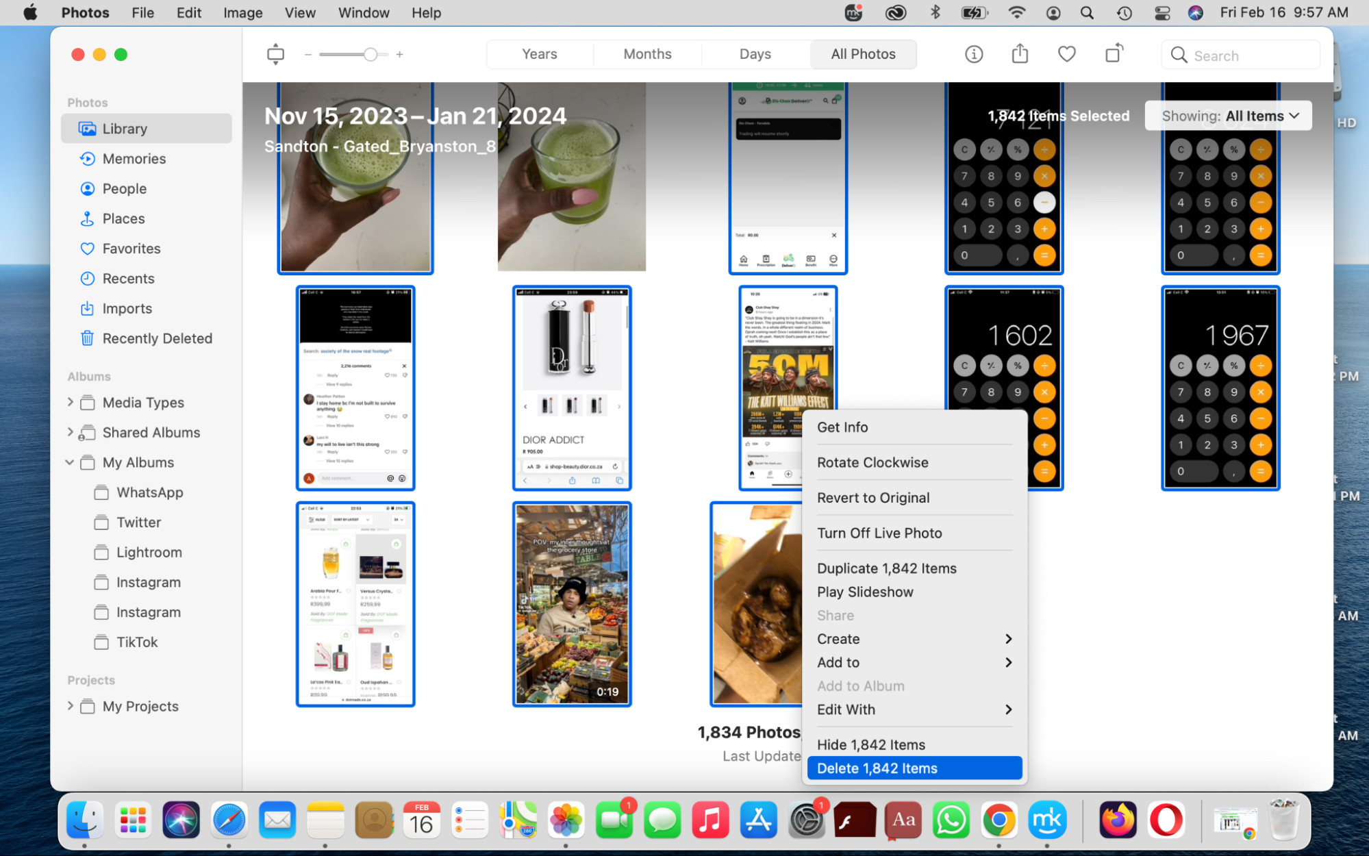 Select an album, press Cmd + A to select all, and then right-click to Delete Items to remove multiple photos on a MacBook.