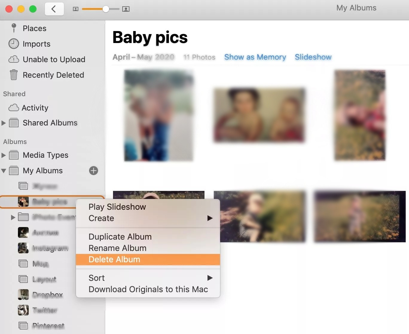 Right-click on an album in the Photos app and select Delete Album to remove an entire photo album on macOS.