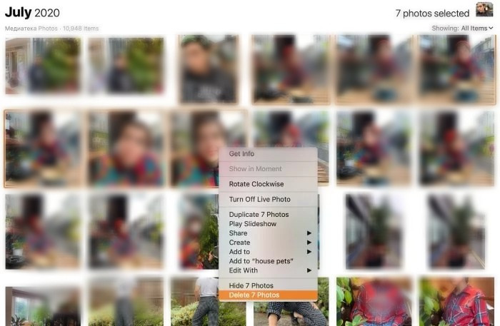 Hold shift and click to select multiple photos, then right-click and select Delete Photos to delete photos from the Photos Library on a Mac.