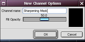 New Channel Options dialog box in GIMP, naming the new channel &quot;Sharpening Mask&quot;