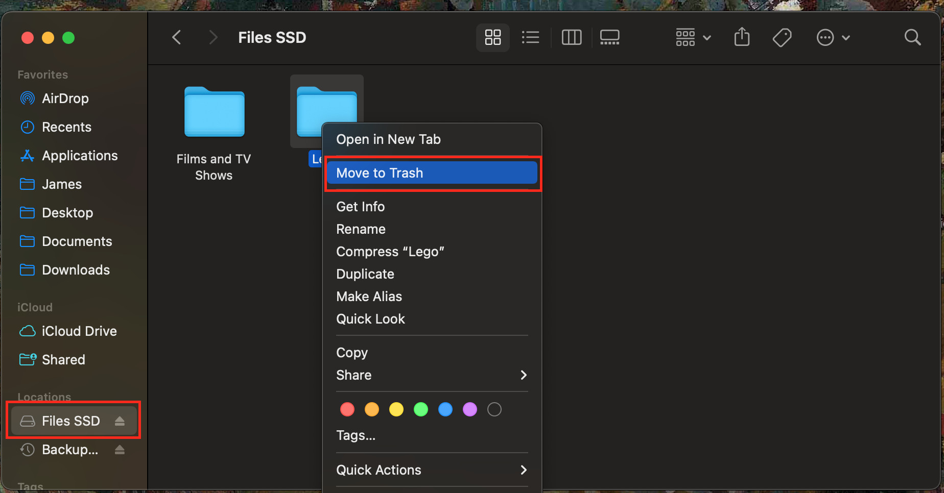 Find photos in Finder, right-click, and select Move to Trash to delete photos on a Mac using the Trash folder.