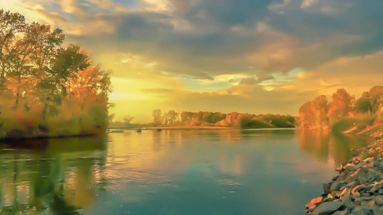 Alt text: A landscape photo of a lake and mountains at sunset, edited to look like a painting.