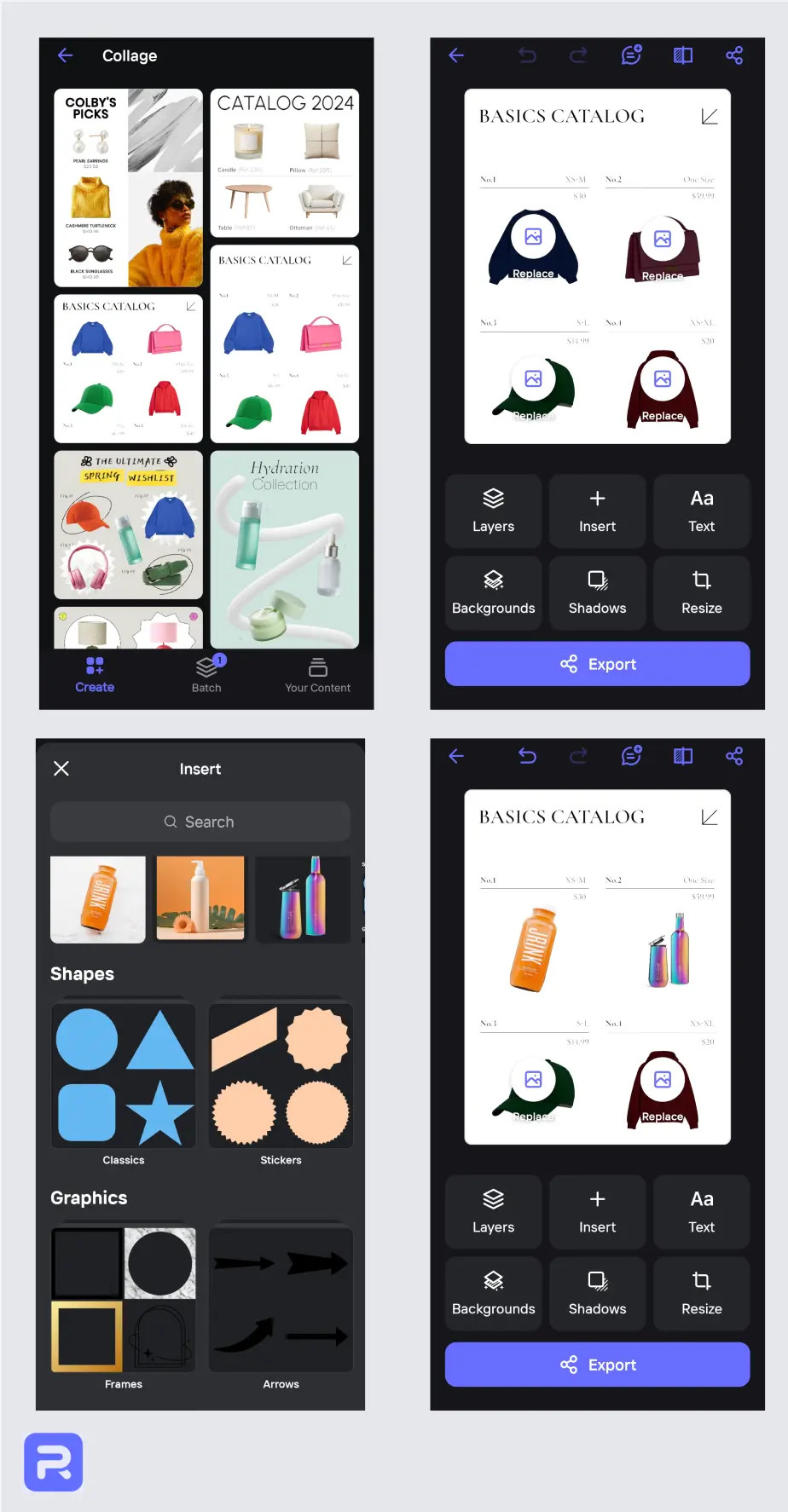 Screenshot of the Photoroom app interface on an iPhone, showing collage templates and image placeholders within a template