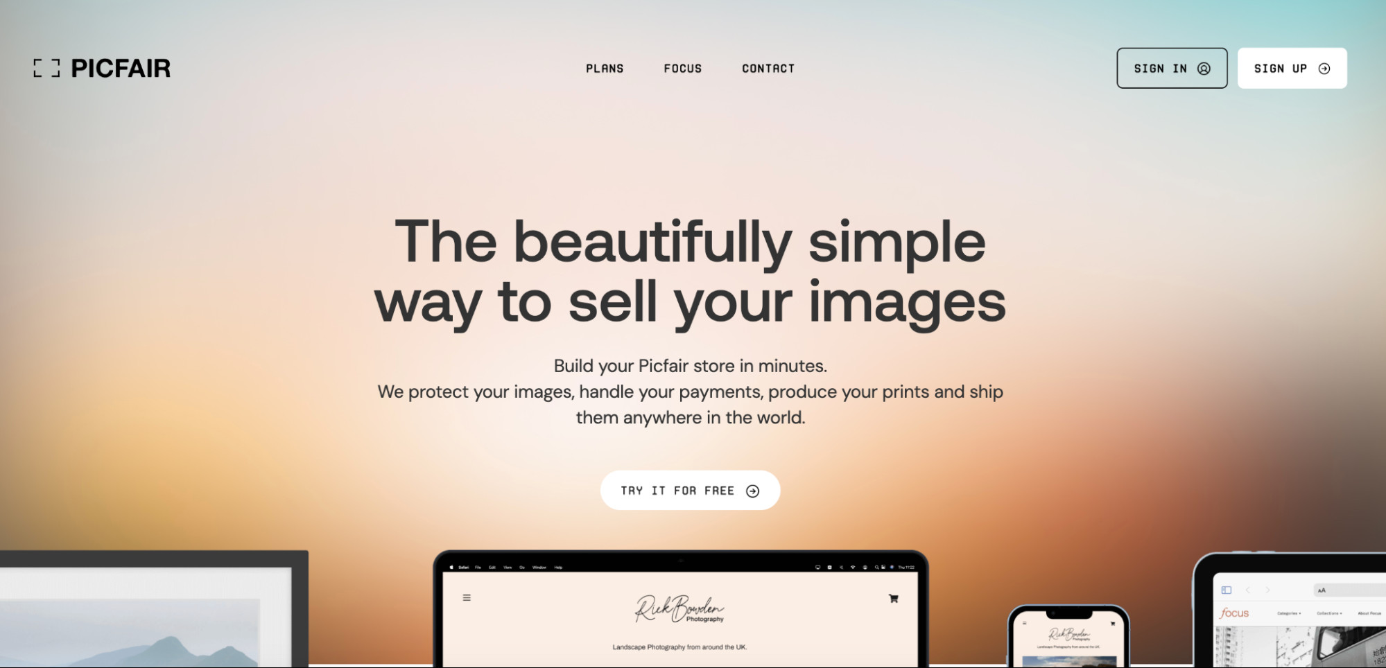 Picfair landing page promoting a website builder designed for photographers, offering control over pricing and portfolio.