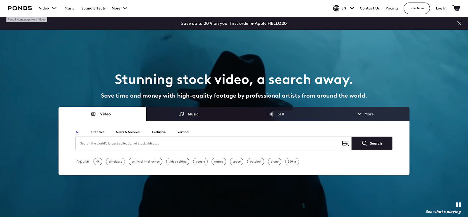 Pond5 homepage emphasizing its marketplace for video content and its clientele of major brands.