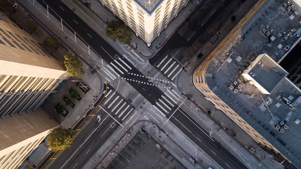 Aerial view of empty streets in Los Angeles, showcasing urban aerial photography in stock photos
