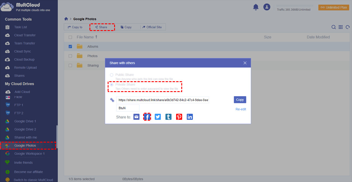 Using MultCloud to securely share a Google Photos album on Facebook.
