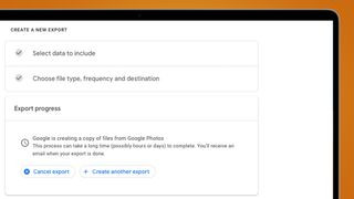 Starting the Google Photos export in Google Takeout