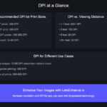 Infographic "Key DPI concepts": Recommended DPI for different print sizes, viewing distances, and use cases.