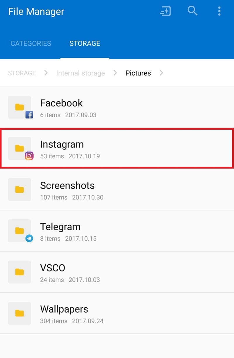 alt text: Screenshot of a phone's file manager showing the Instagram folder.